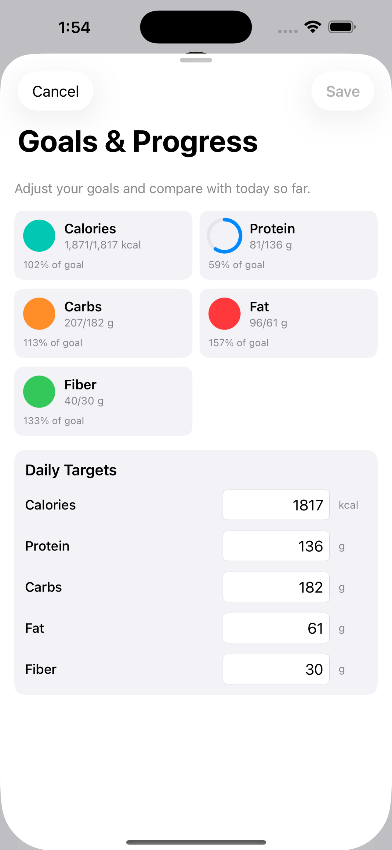 Goals and progress dashboard for calories and macros